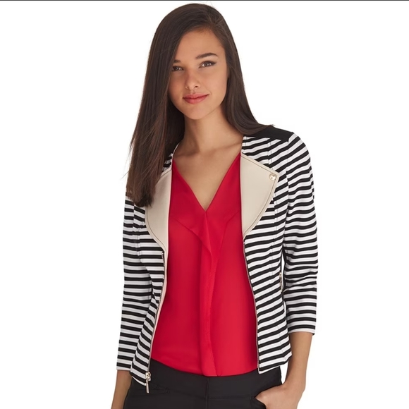10 White House Black Market Stripe Zip Faux Motorcycle Jacket Blazer - Picture 10 of 11